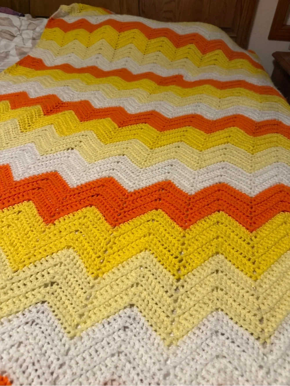 Vibrant Handmade Chevron Crochet Throw Blanket - Orange, Yellow & White Vintage